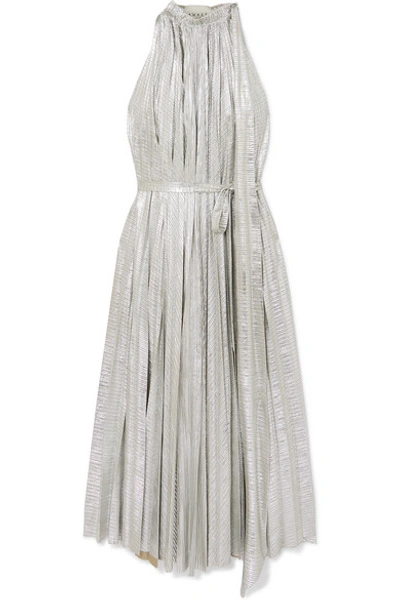 Shop A.w.a.k.e. Oyster Pleated Lamé Maxi Dress In Silver