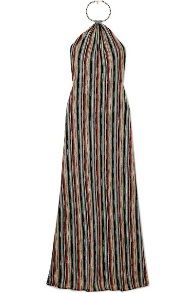 Shop Missoni Striped Metallic Crochet-knit Halterneck Maxi Dress In Black