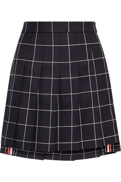 Shop Thom Browne Pleated Checked Wool-twill Mini Skirt In Navy