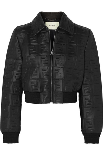 Shop Fendi Cropped Embossed Leather Jacket In Black