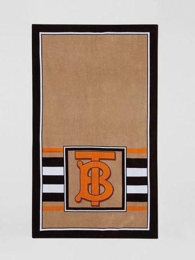 Shop Burberry Monogram And Icon Stripe Print Cotton Towel In Archive Beige