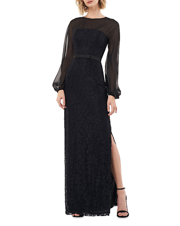 Kay Unger Lace Long-sleeve Column Gown With Chiffon Illusion Bodice In ...