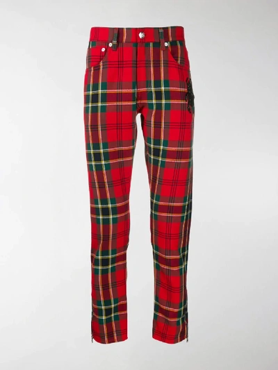 Shop Alexander Mcqueen Embroidered Bug Tartan Trousers In Red