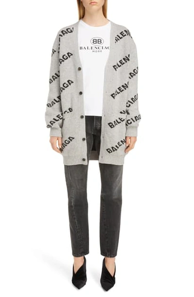 Shop Balenciaga Logo Jacquard Wool Blend Cardigan In Black/ White