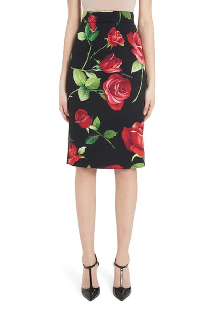 Shop Dolce & Gabbana Rose Print Stretch Silk Pencil Skirt In Rose Black