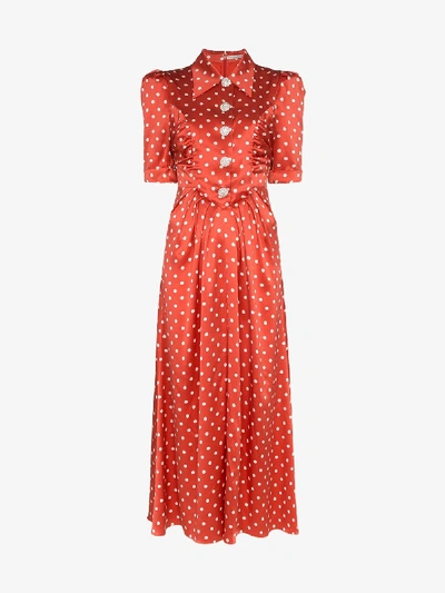 Shop Alessandra Rich Polka Dot Silk Midi Dress In Red