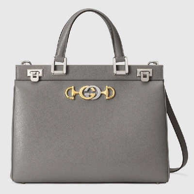 Shop Gucci Zumi Grainy Leather Medium Top Handle Bag In Grey