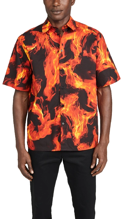 Shop Msgm Flames Short Sleeve Button Down Shirt In Black/red