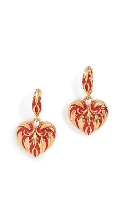Shop Oscar De La Renta Painted Heart Earrings In Cayenne