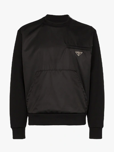 Shop Prada Crew Neck Kangaroo Pocket Sweater In 101 - Black