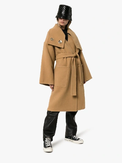 Shop Jw Anderson Belted Waist Funnel Neck Coat In Neutrals