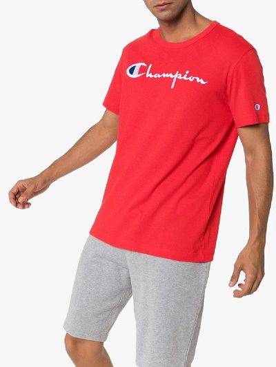 Shop Champion Logo Embroidered Cotton T-shirt In Red