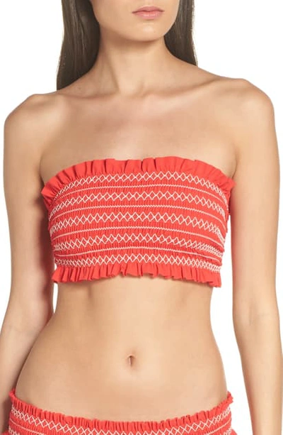 Shop Tory Burch Costa Smocked Bandeau Bikini Top In Poppy Red / New Ivory