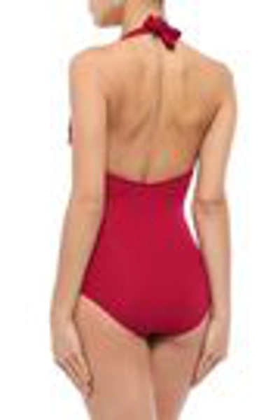 Shop Melissa Odabash Tampa Cutout Appliquéd Textured Halterneck Swimsuit In Crimson