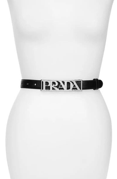 Shop Prada Block Saffiano Calfskin Leather Skinny Belt In Nero