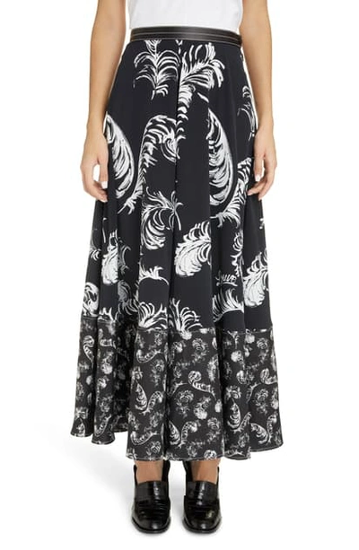 Shop Loewe Leather Trim Feather Print Midi Skirt In Black/ White