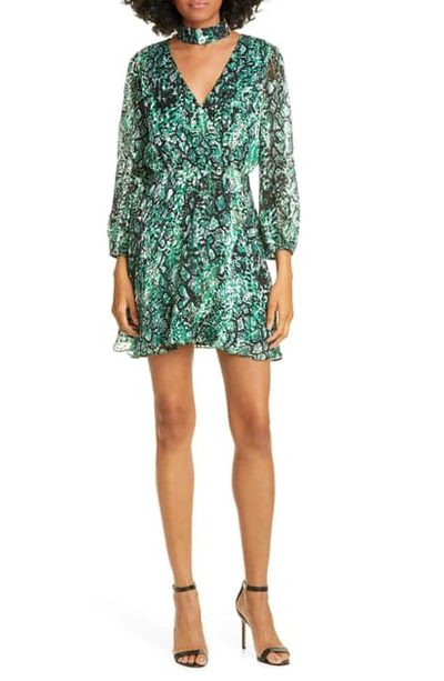 Shop Alice And Olivia Rita Long Sleeve Snake Print Minidress In Black/ Emerald