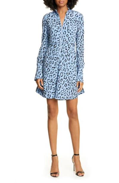 Shop A.l.c Marcella Leopard Print Long Sleeve Silk Minidress In Blue/ Black