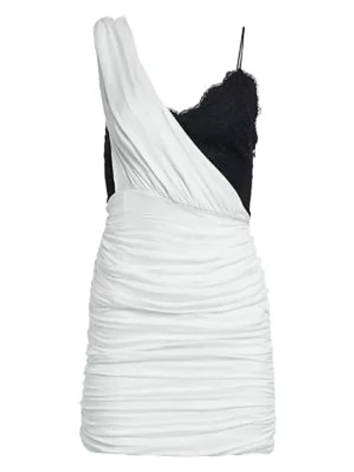 Shop Alice And Olivia Bianca Ruched One-shoulder Stretch Silk Mini Dress In White Black