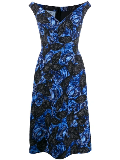 Shop Prada Off-the-shoulder Rose Print Dress - Blau In Blue