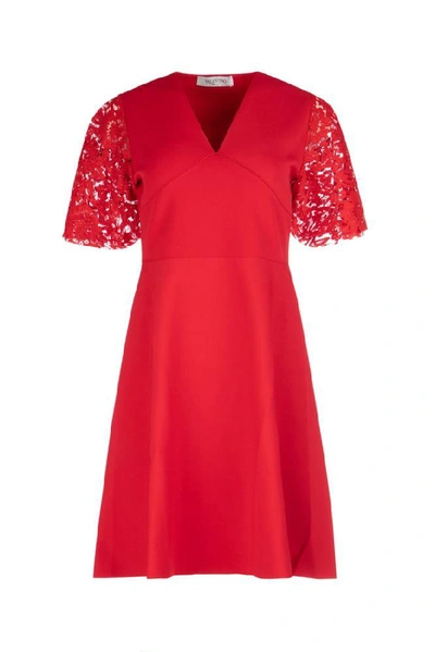 Shop Valentino Lace Sleeve Flared Dress In Red