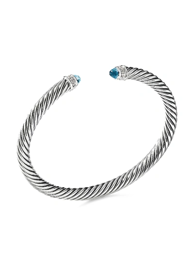 Shop David Yurman ‘cable Classics' Sterling Silver Diamond Blue Topaz Cuff In Metallic