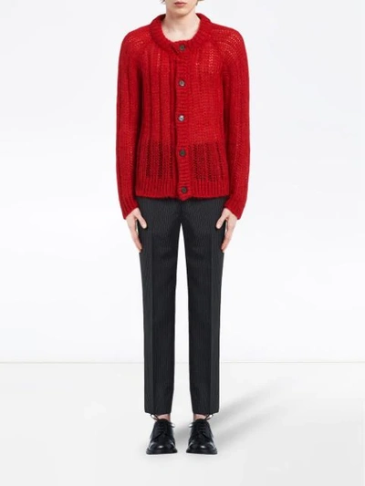 Shop Prada Ribbed Knitted Cardigan In Red