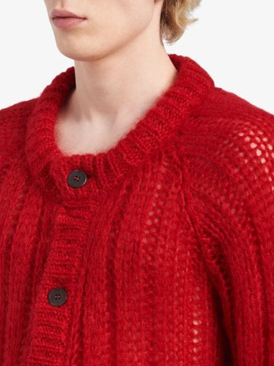 Shop Prada Ribbed Knitted Cardigan In Red