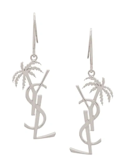 Shop Saint Laurent Monogram Palm Tree Earrings In Silver