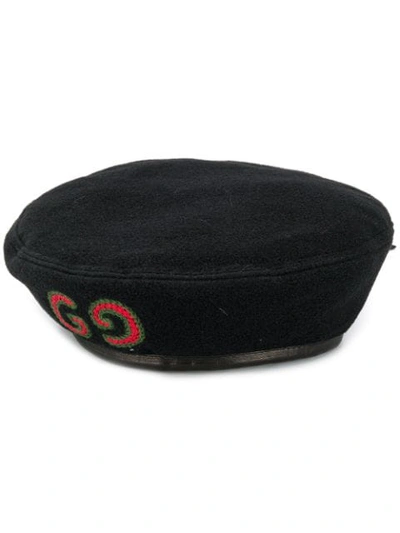 GUCCI WOOL BERET WITH GG PATCH - 黑色