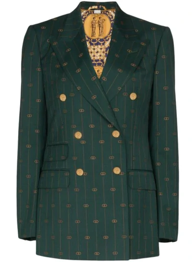 GUCCI GG PRINT DOUBLE-BREASTED BLAZER - 绿色