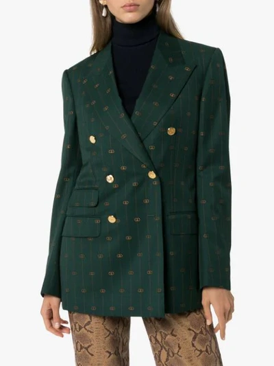 Shop Gucci Gg Print Double-breasted Blazer In Green