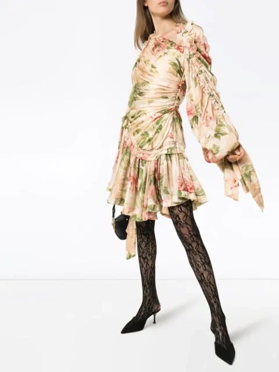 Shop Zimmermann Floral Print Ruched Silk Dress In Neutrals