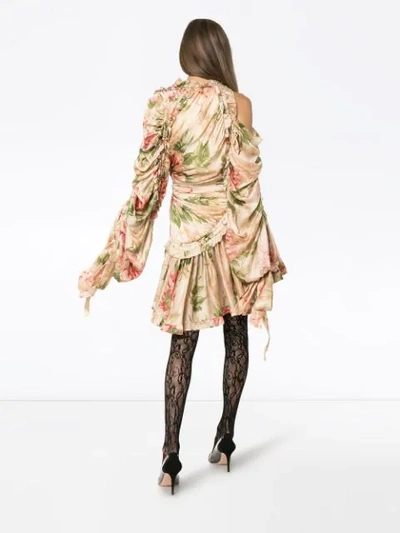 Shop Zimmermann Floral Print Ruched Silk Dress In Neutrals