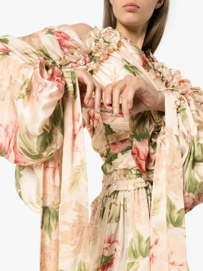 ZIMMERMANN FLORAL PRINT RUCHED SILK DRESS - 大地色