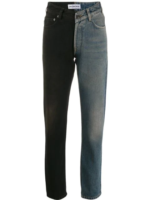 two different colored leg jeans