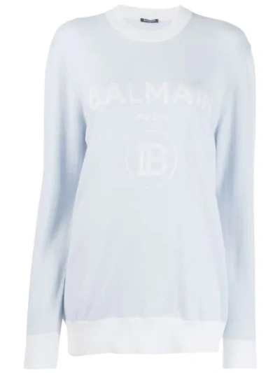 Shop Balmain Intarsia Logo Sweater In Blue