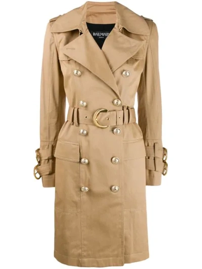 Shop Balmain Double-breasted Belted Trench Coat In Neutrals