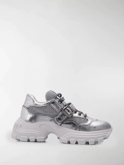 Shop Miu Miu Buckle Strap Chunky Sneakers In Silver