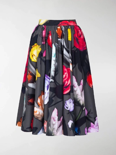 Shop Prada Rose-print Midi Skirt In Black