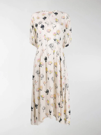 Shop Marni Floral Printed Flared Dress In Neutrals
