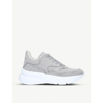 Shop Alexander Mcqueen Runner Glitter-embellished Leather Trainers In Silver