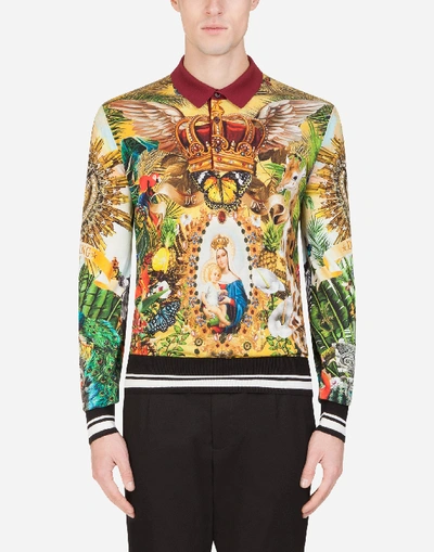 Shop Dolce & Gabbana Silk Polo Shirt With Tropical King Print In Multi-colored