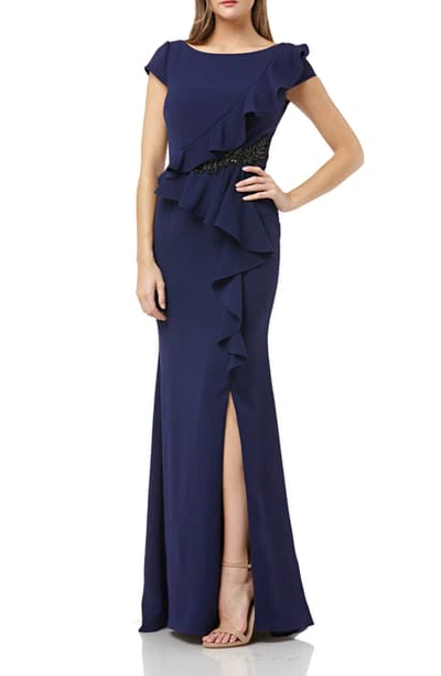 Shop Carmen Marc Valvo Infusion Carmen Marco Valvo Infusion Cap Sleeve Ruffle Gown In Navy/ Gold