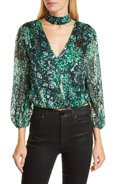 Shop Alice And Olivia Luba Snakeskin Print Blouson Choker Top In Black/emerald