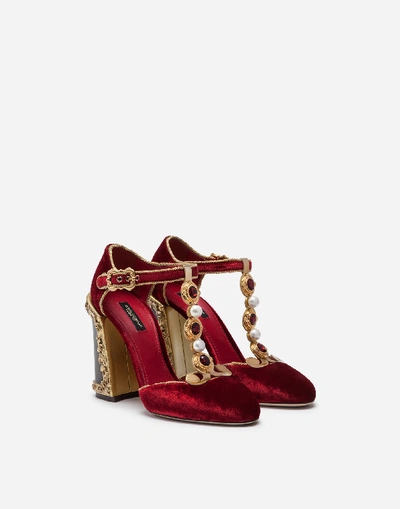 Shop Dolce & Gabbana Velvet T-strap Shoes With Embroidery In Red