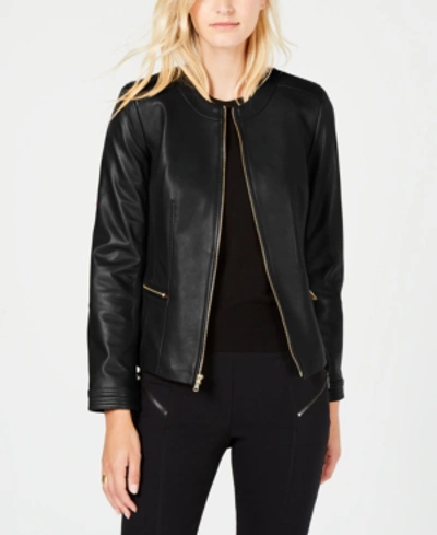 Shop Cole Haan Collarless Leather Jacket In Black