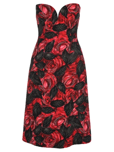 Shop Prada Rose Print Midi Dress In Black + Red