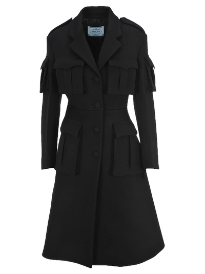 Shop Prada Single-breast Flap Pockets Coat In Black