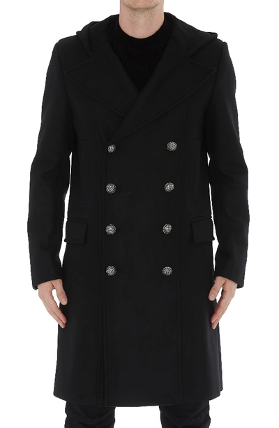 Shop Balmain Hooded Coat In Black